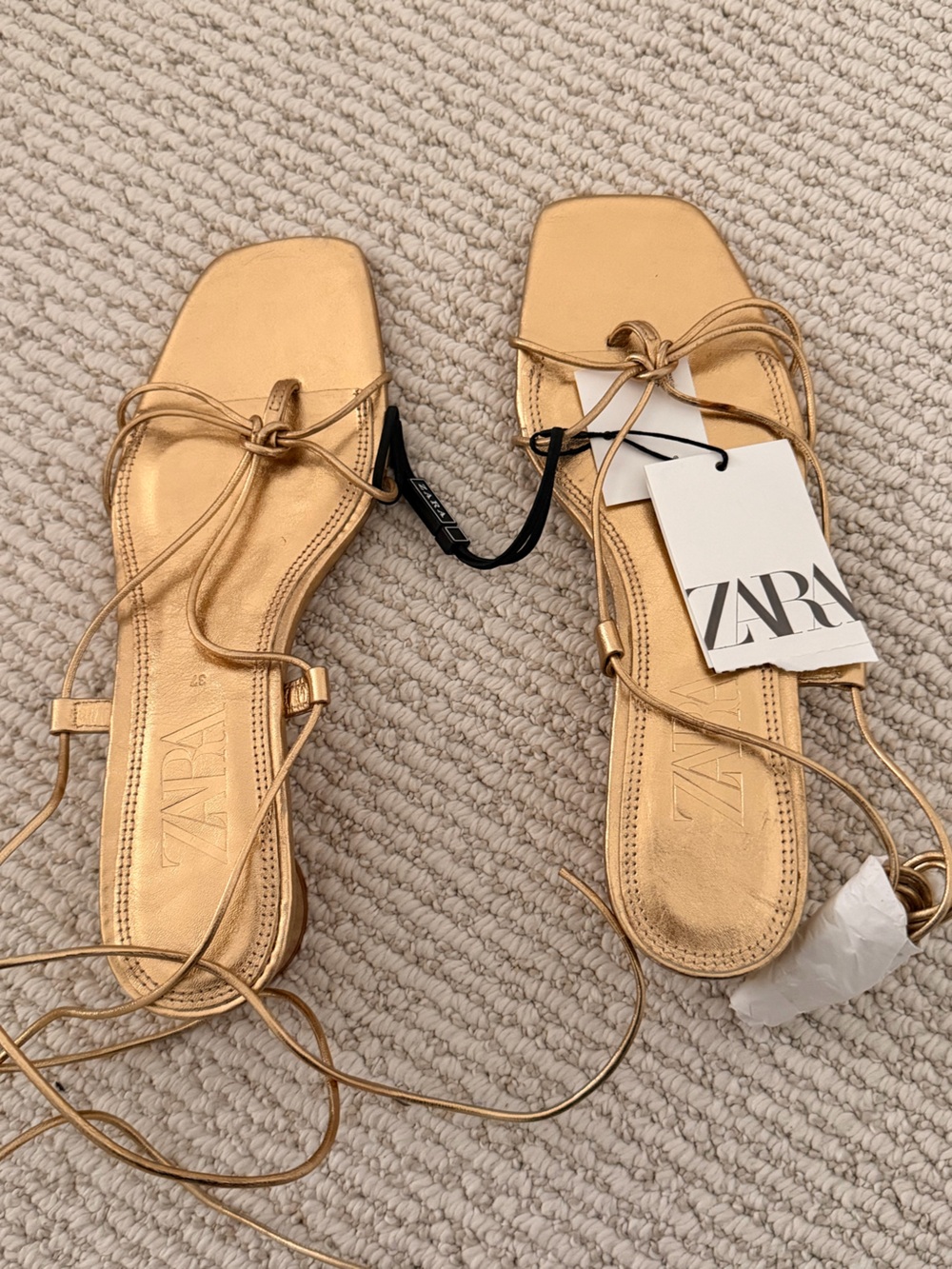 Zara Metallic Gold Lace-Up Sandals 6.5 NWT